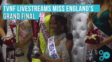 Miss England Winner Rehema Muthamia, text says "TVNF livestreams Miss England's Grand Final"