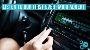 Graphic of a car radio, text says: "Listen to our first ever radio advert"